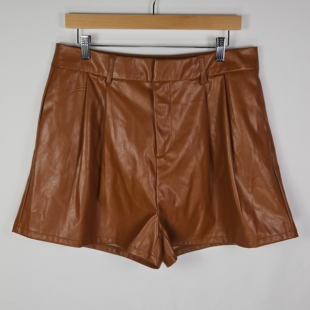 Shinestar Vegan Leather Pleated Short XL High Waisted Cognac Brown Dark Academia